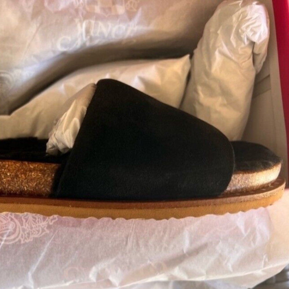 New Vince Camuto Women's Kanadial Slide Sandal Suede Faux Fur Black Comfy NIB - Picture 7 of 8